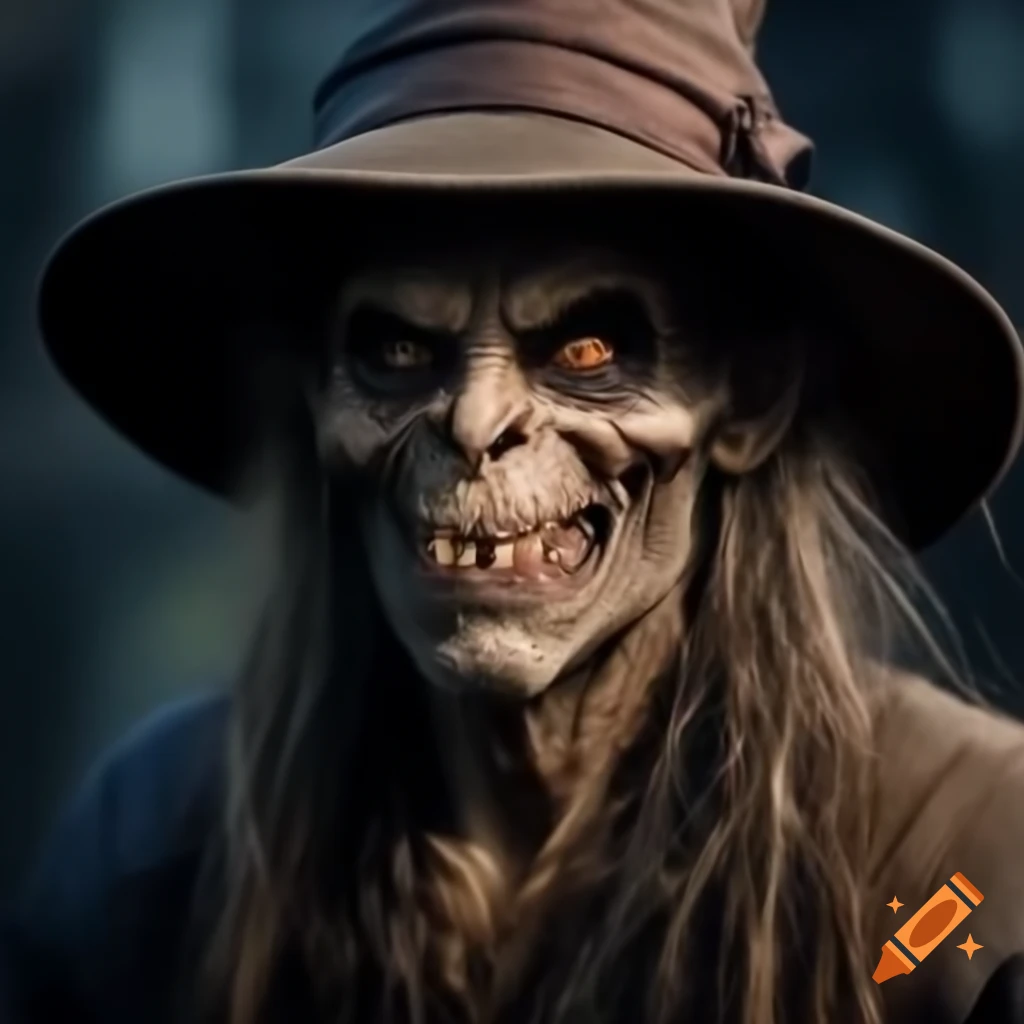 Feral vampire with messy hair and claws in tattered rags and wizard hat