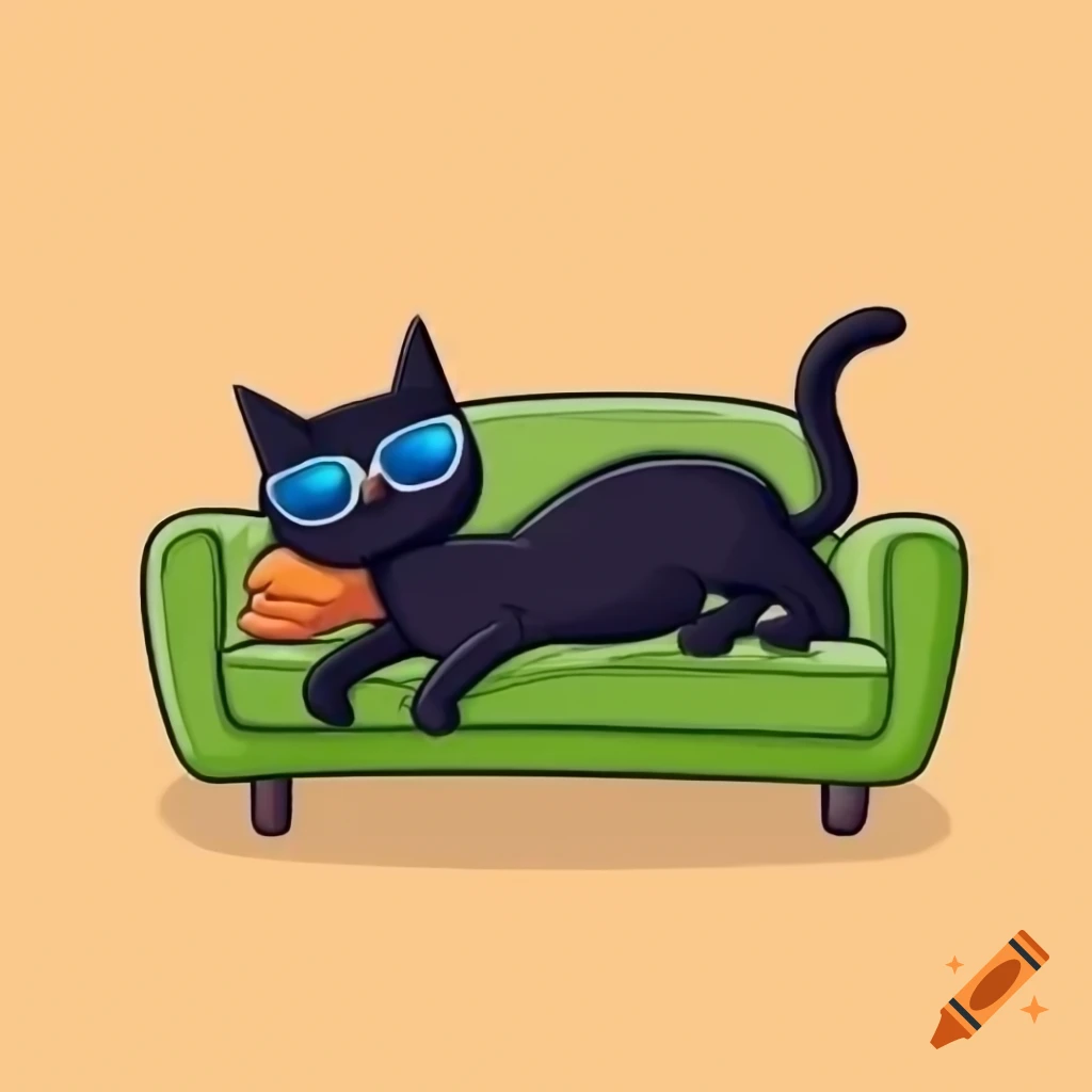 Cartoon black cat in sunglasses relaxing on couch