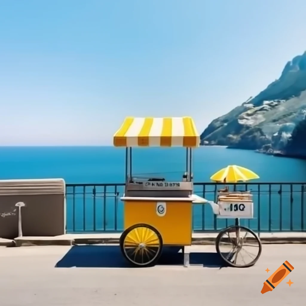 Post stamp featuring Amalfi coast buildings and gelato cart with yellow umbrella