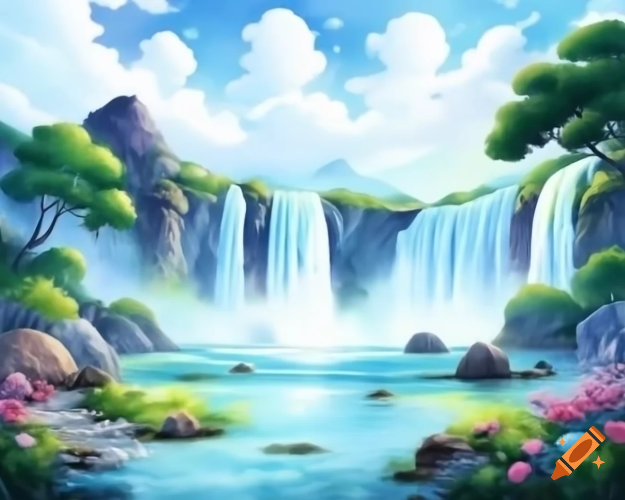Beautiful watercolor landscape featuring small waterfall and rainbow