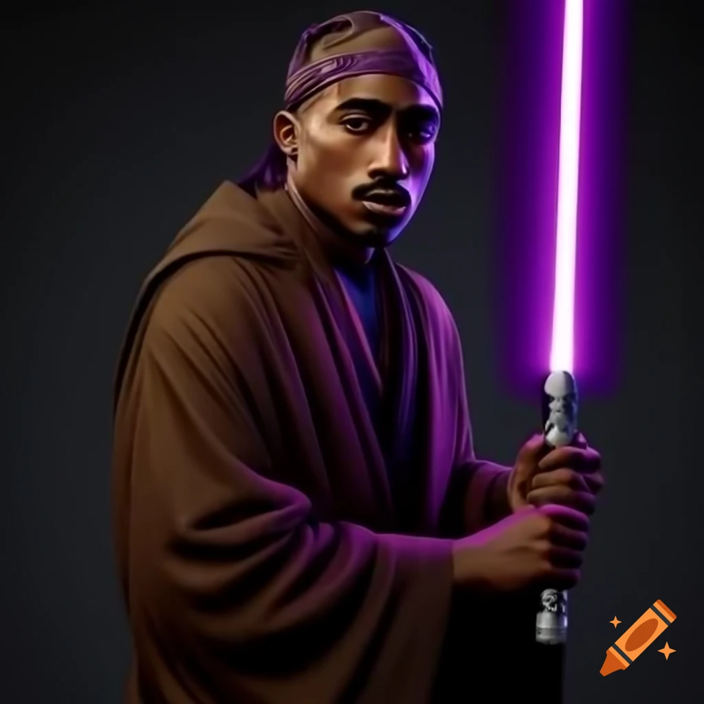 Tupac Shakur in Jedi robe holding purple lightsaber