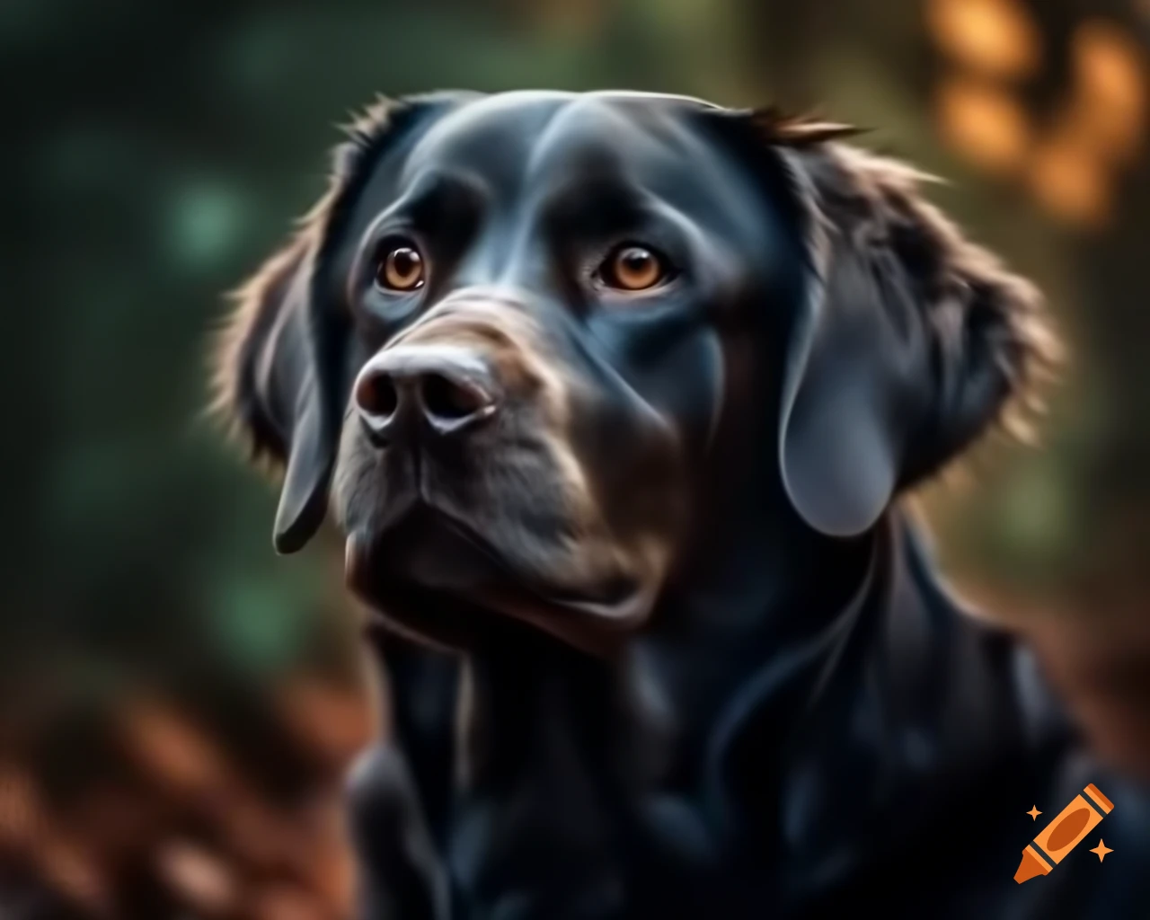 Hyperrealistic black Labrador Retriever in forest with trees, displaying dark brown eyes