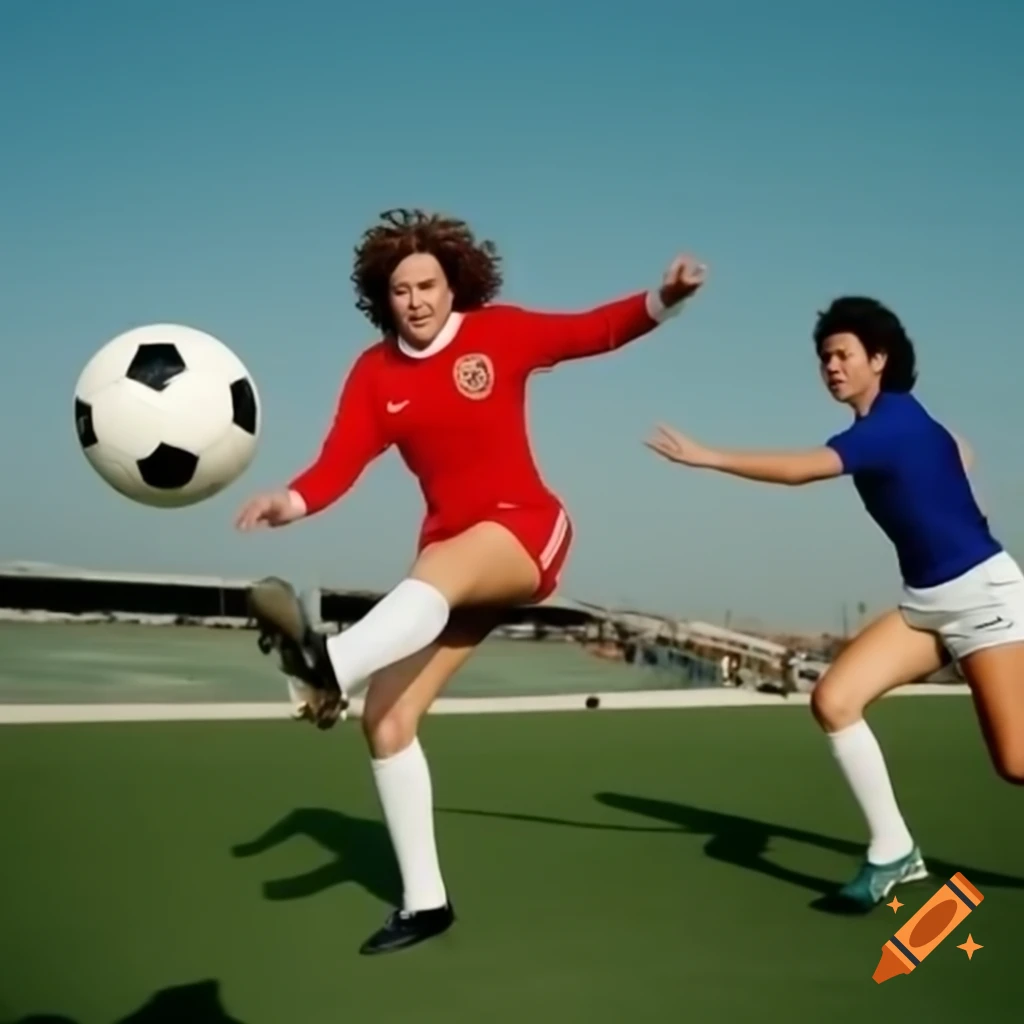 Football club in red uniforms playing elegantly and jumping on the field