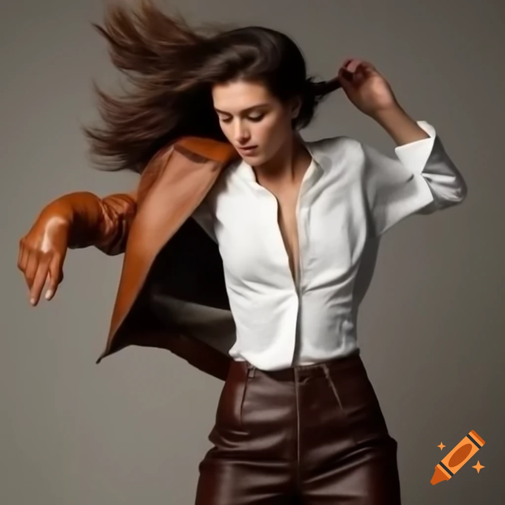 Brunette woman in brown leather jacket, white blouse, and tight trousers