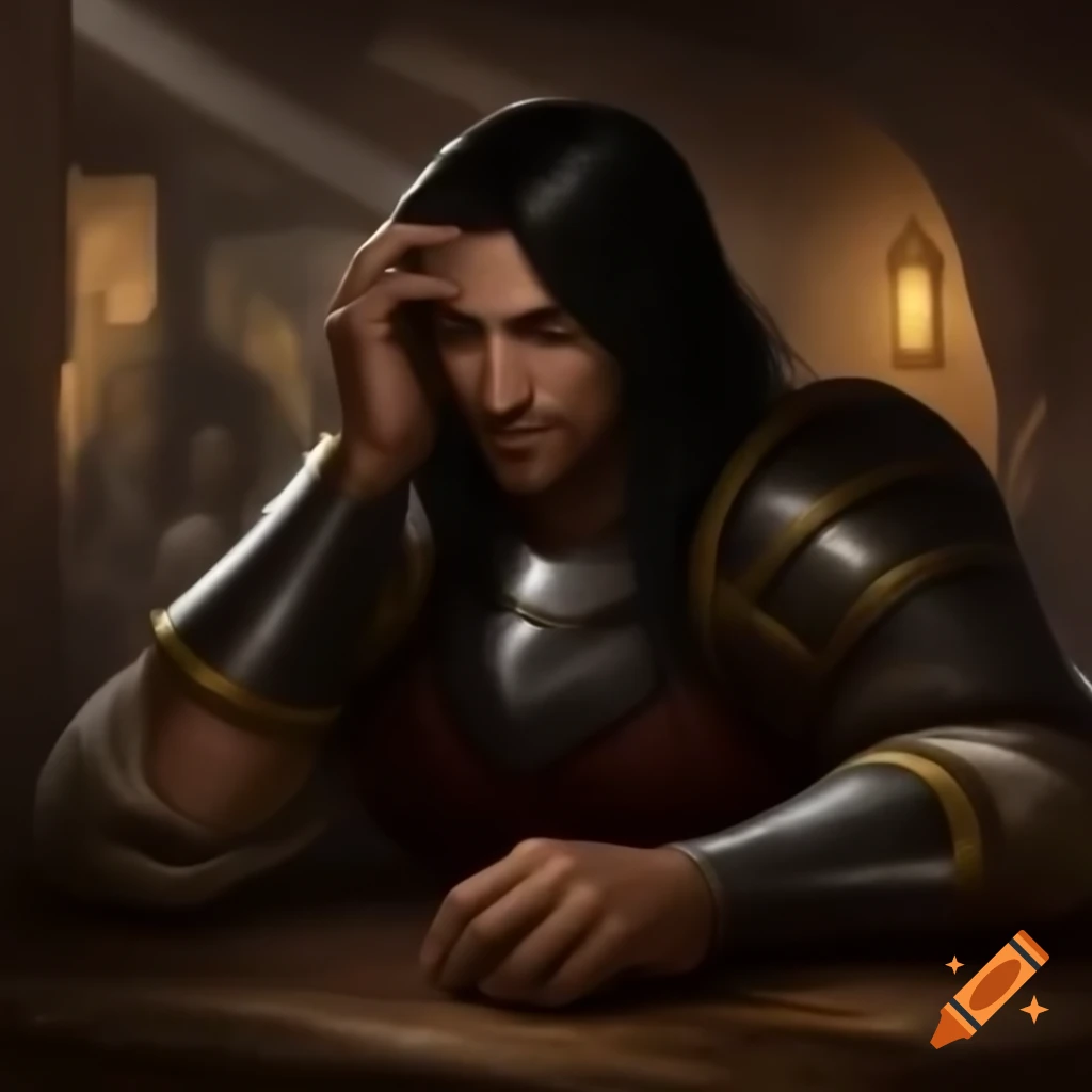 Somber man sitting at wooden table in bustling medieval tavern
