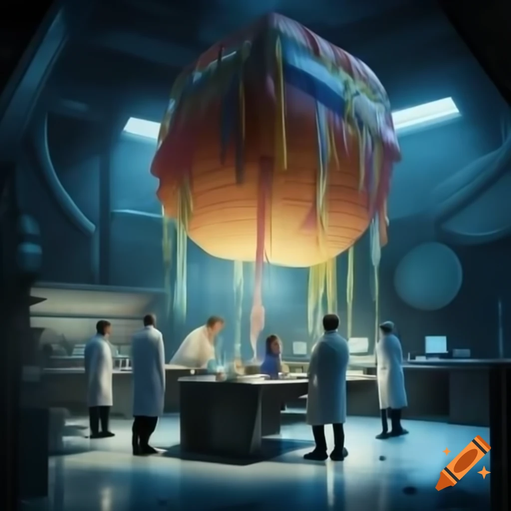 Researchers studying large pinata in futuristic laboratory setting