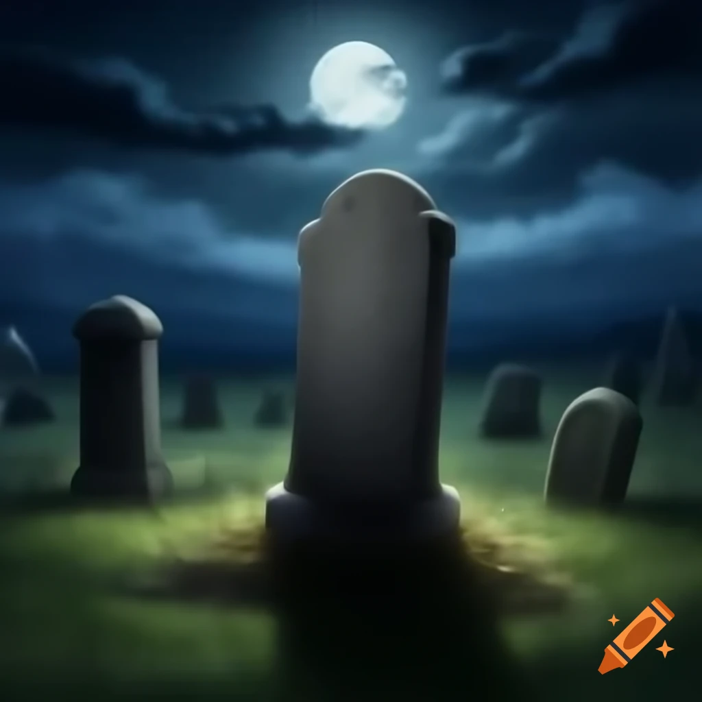 Old headstone in graveyard at night under pallid moon