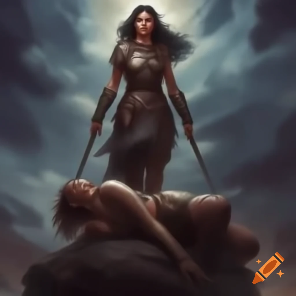 Warrior woman standing triumphantly over defeated foe