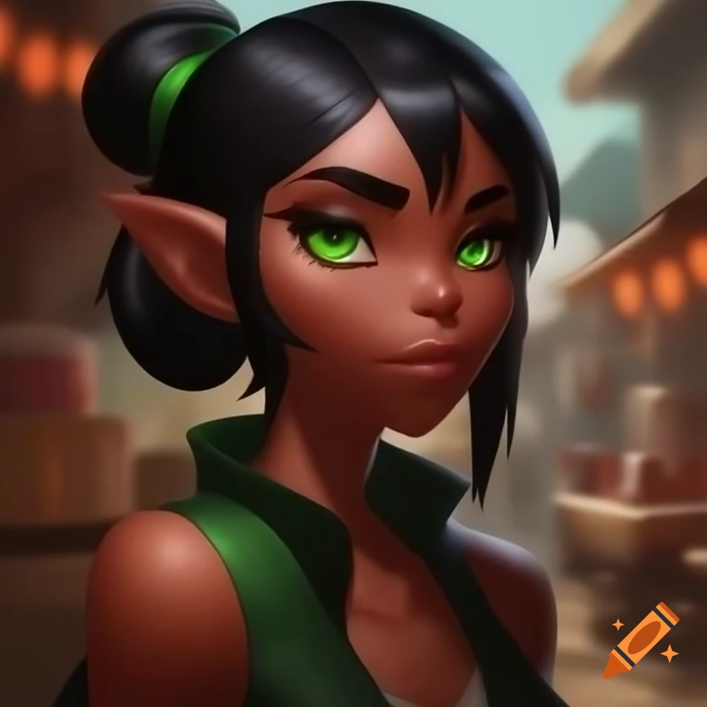 Confident woman with black ponytail and green eyes in vibrant market