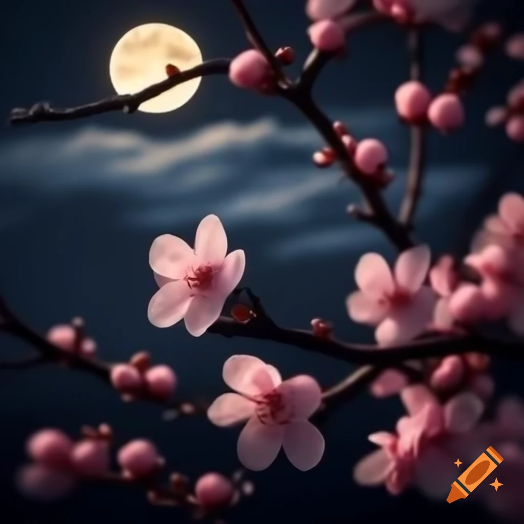 Half moon and cherry blossom on black and white background