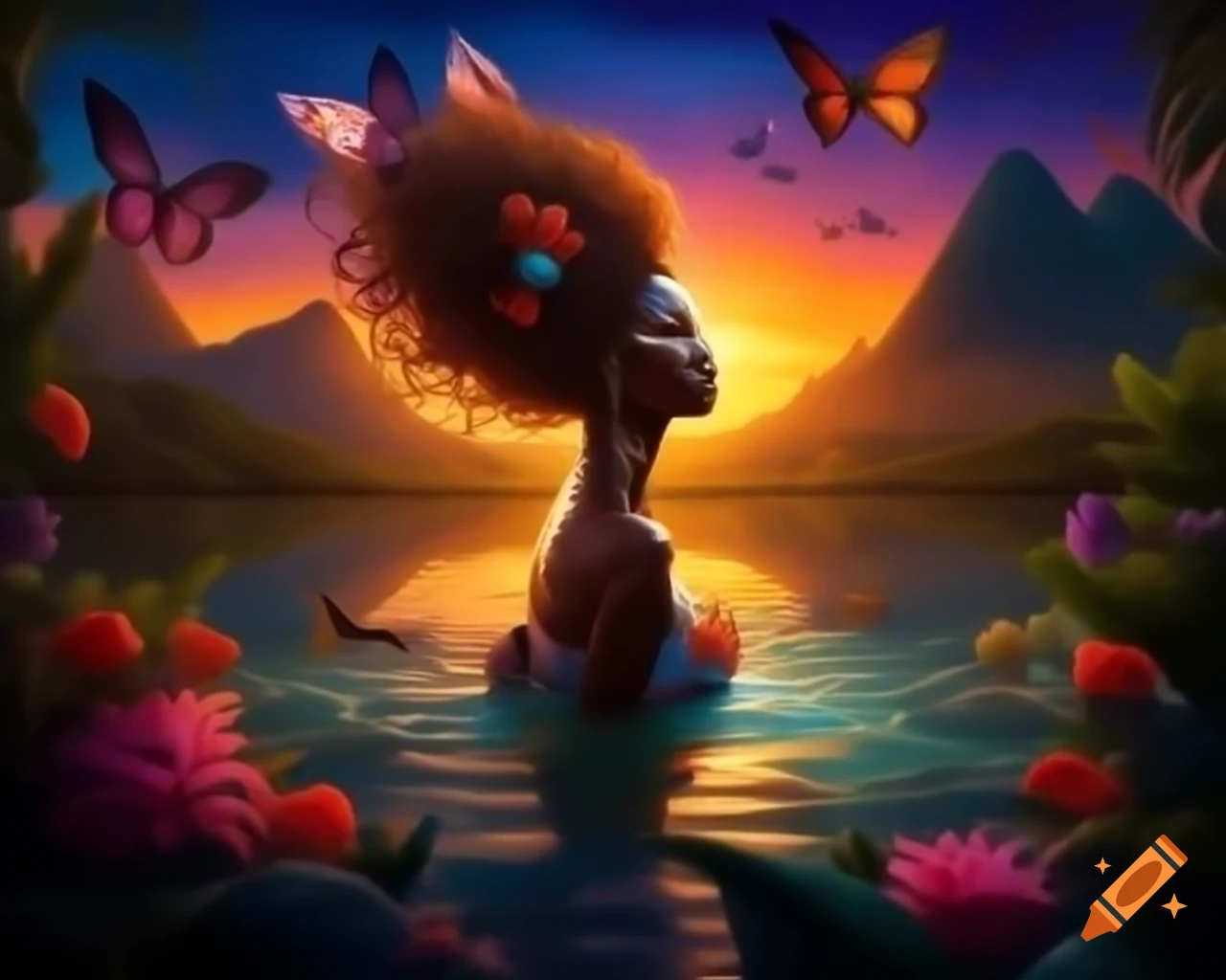 Beautiful woman in tropical paradise with colorful objects and butterflies at sunset
