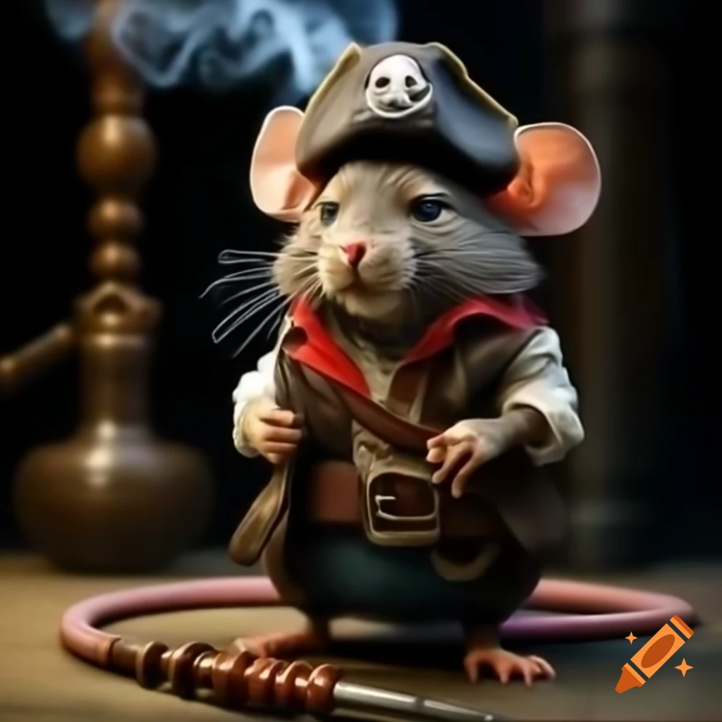 Anthropomorphic mouse pirate with hookah and bloodshot eyes