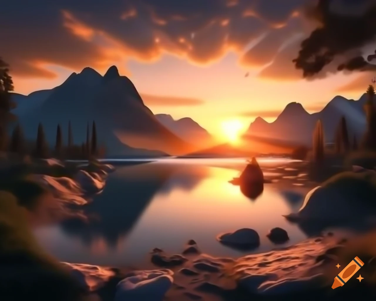 Photorealistic 3D render of mountain lake at sunset with island background