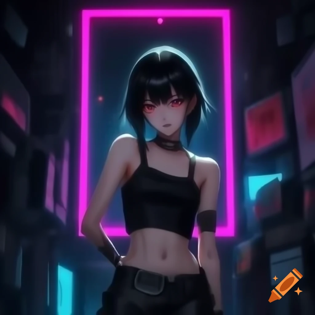 Punk-inspired young woman in dystopian fashion with lowrise pants and crop top