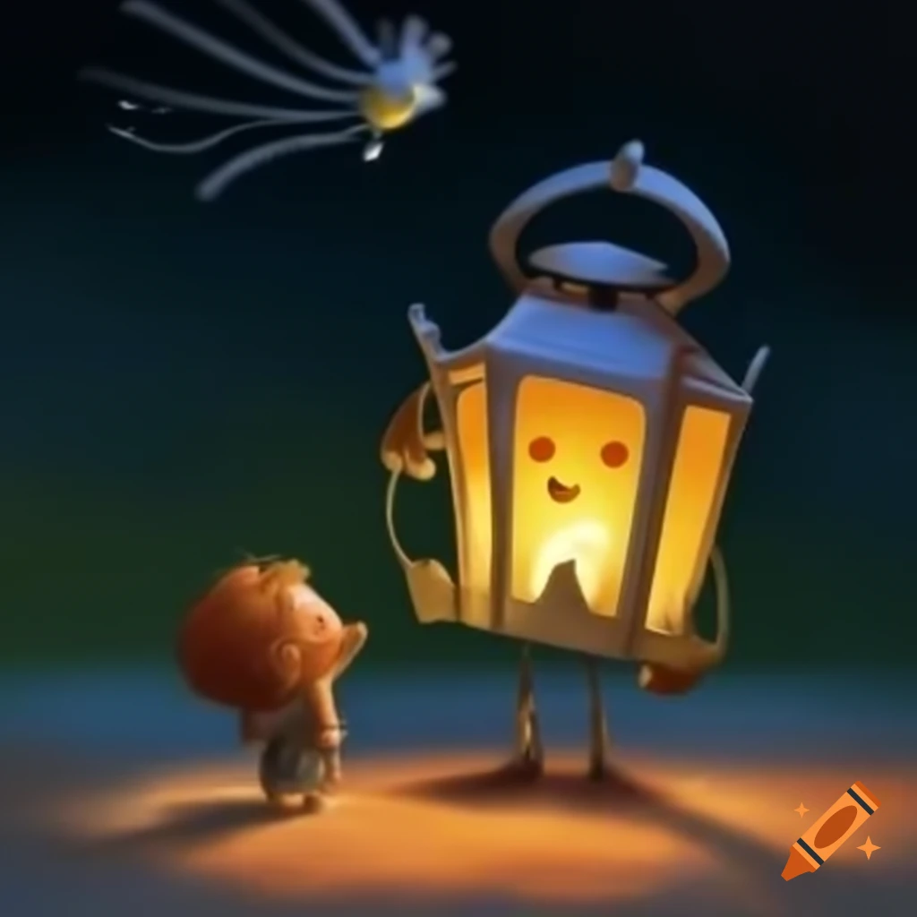 Whimsical lantern character with arms and legs standing guard