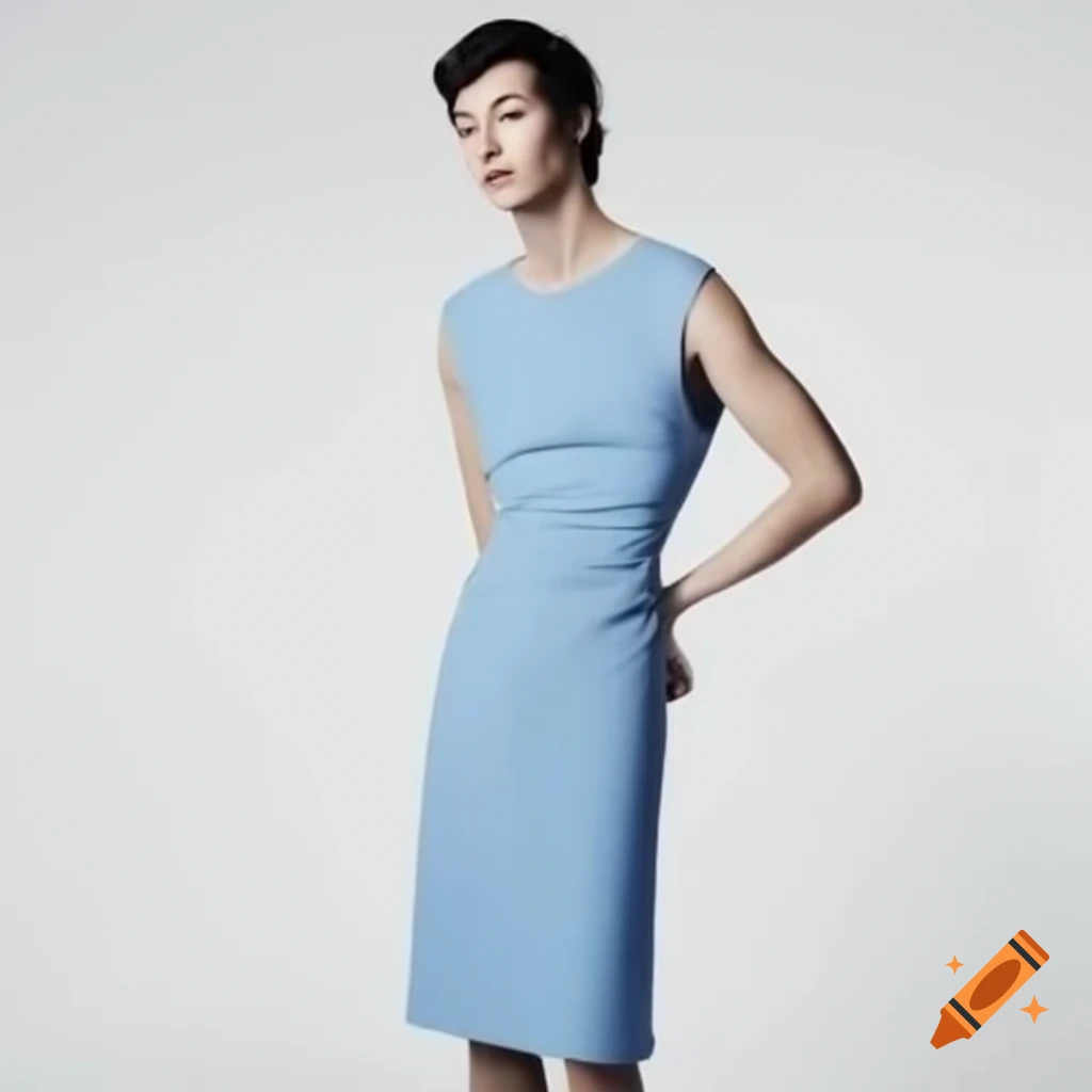 Slender man in blue sleeveless dress, showcasing fashion and style