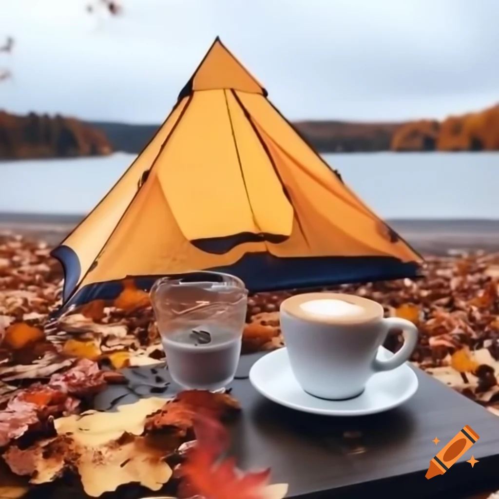 Autumn leaves and coffee cup on table outside tent by lake