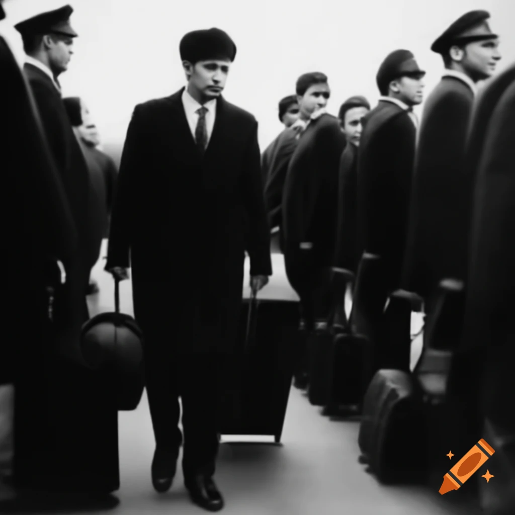 Line of people with suitcases, Vladimir Putin asking 'Who's last?'