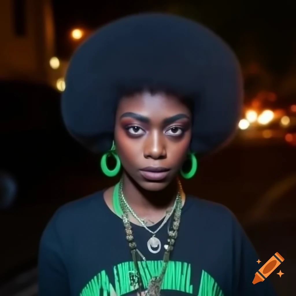 Woman with Afro hairstyle in black and green shirt and voodoo jewelry in San Francisco at night