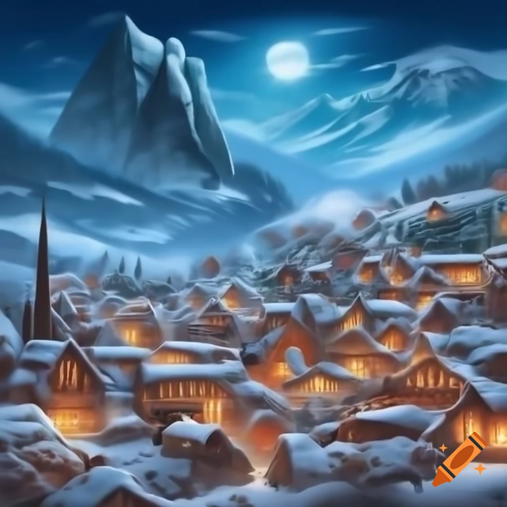 Mountain town covered in powdered sugar under full moon and towering evergreens