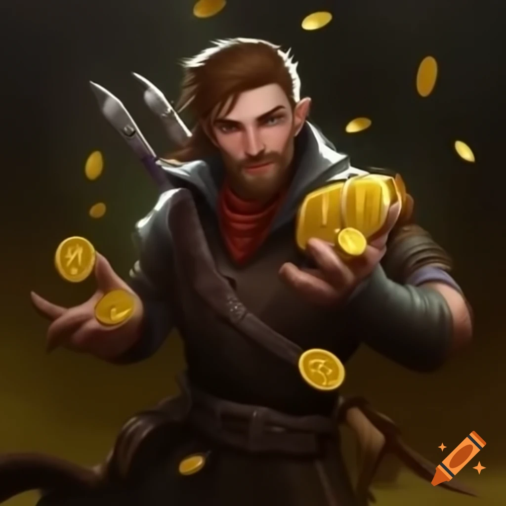 Fantasy male thief holding pouch of gold coins