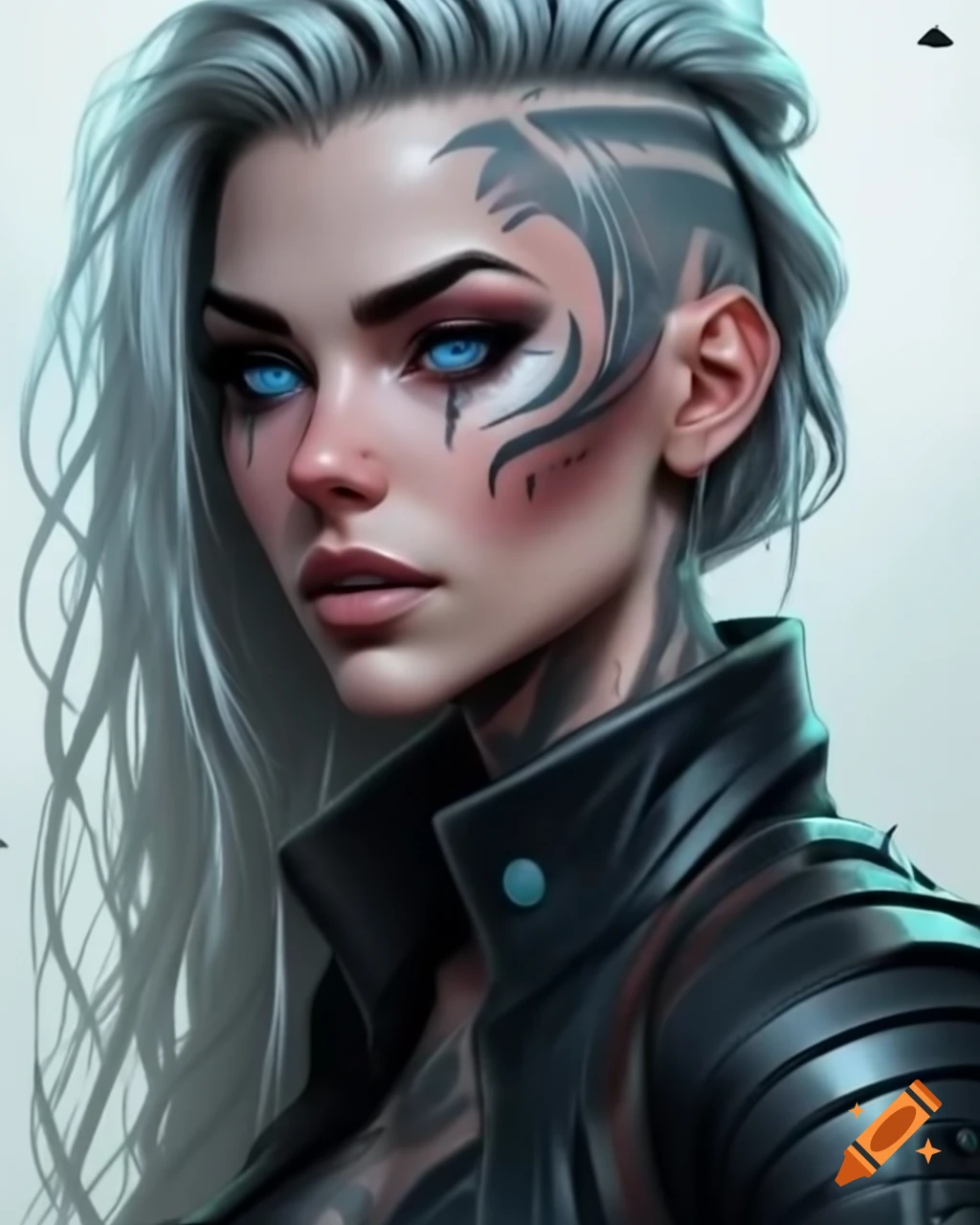 Cyberpunk female viking with tattooed left side, long blonde hair in leather jacket