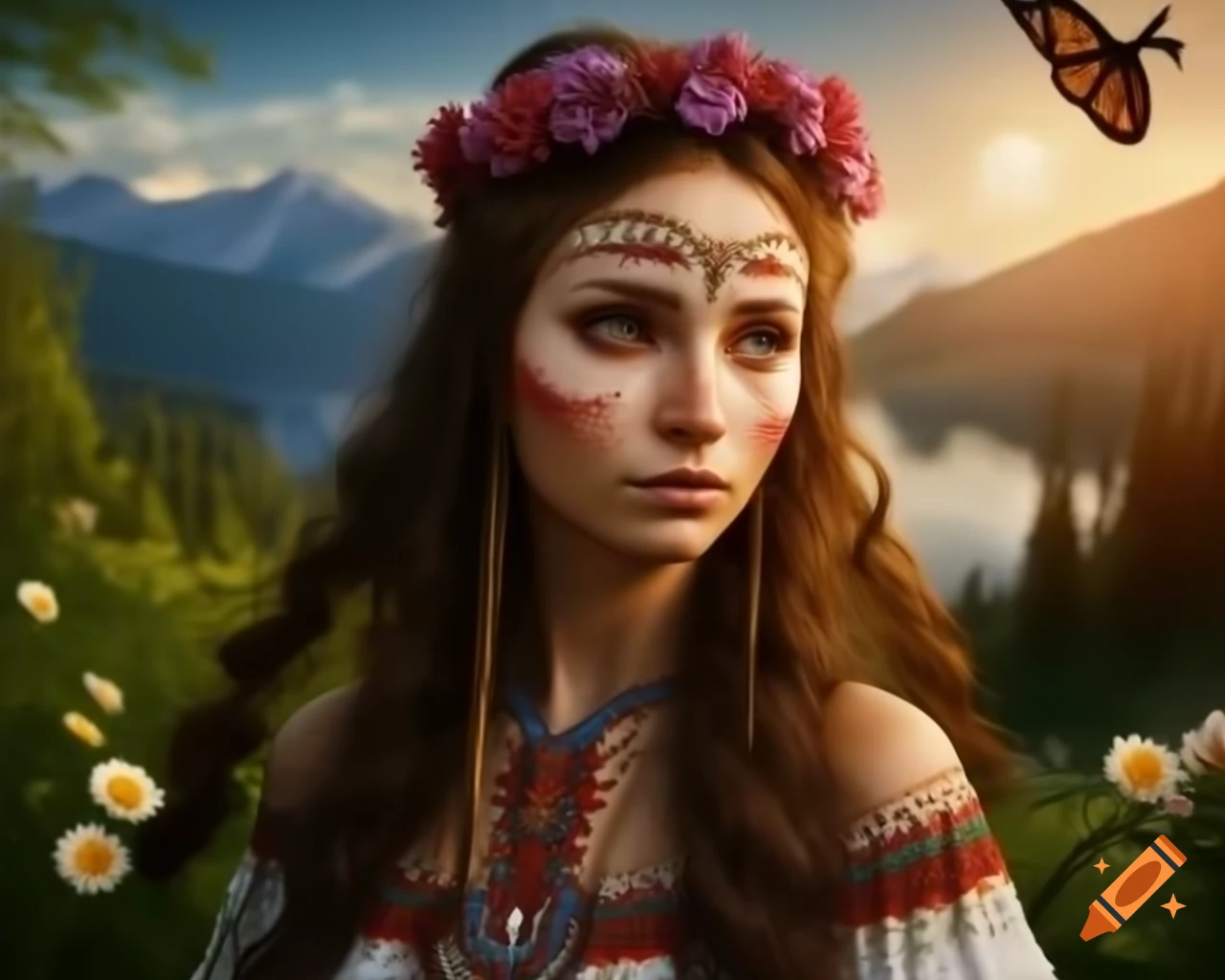Hyperrealistic render of Slavic woman with flowers and butterflies in her hair