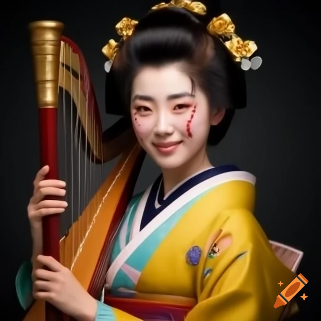 Asian woman in yellow kimono with golden harp, smiling with a facial scar