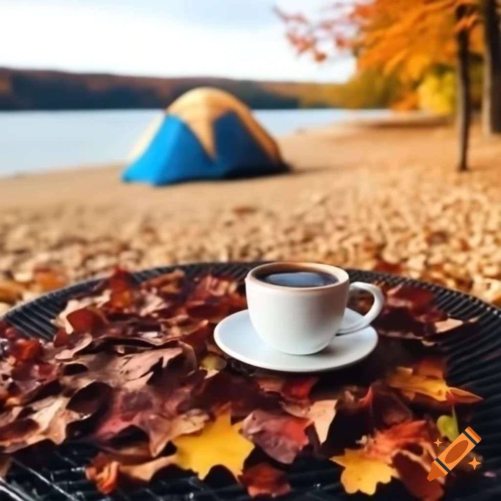 Autumn leaves and coffee cup on table outside tent by lake