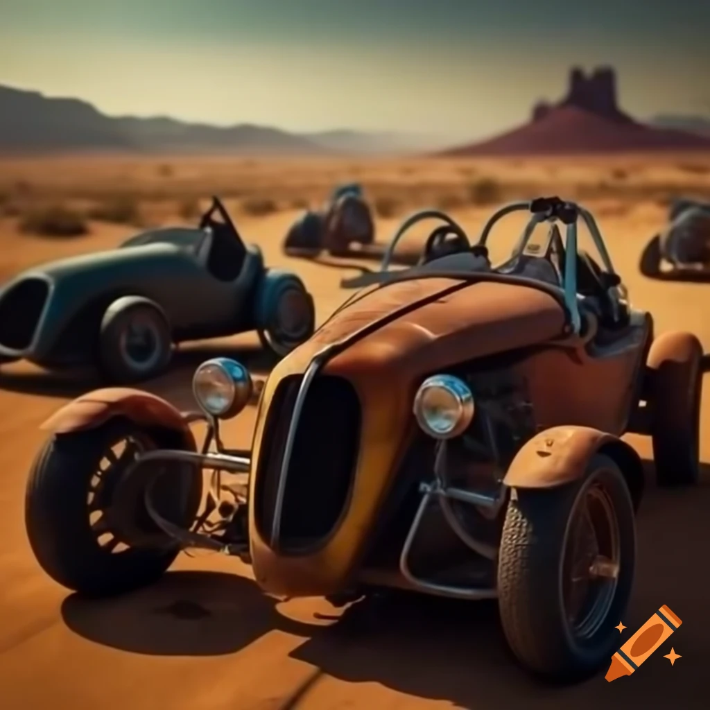 Desert scene with rusted cars and motorcycles, featuring sword-fighting