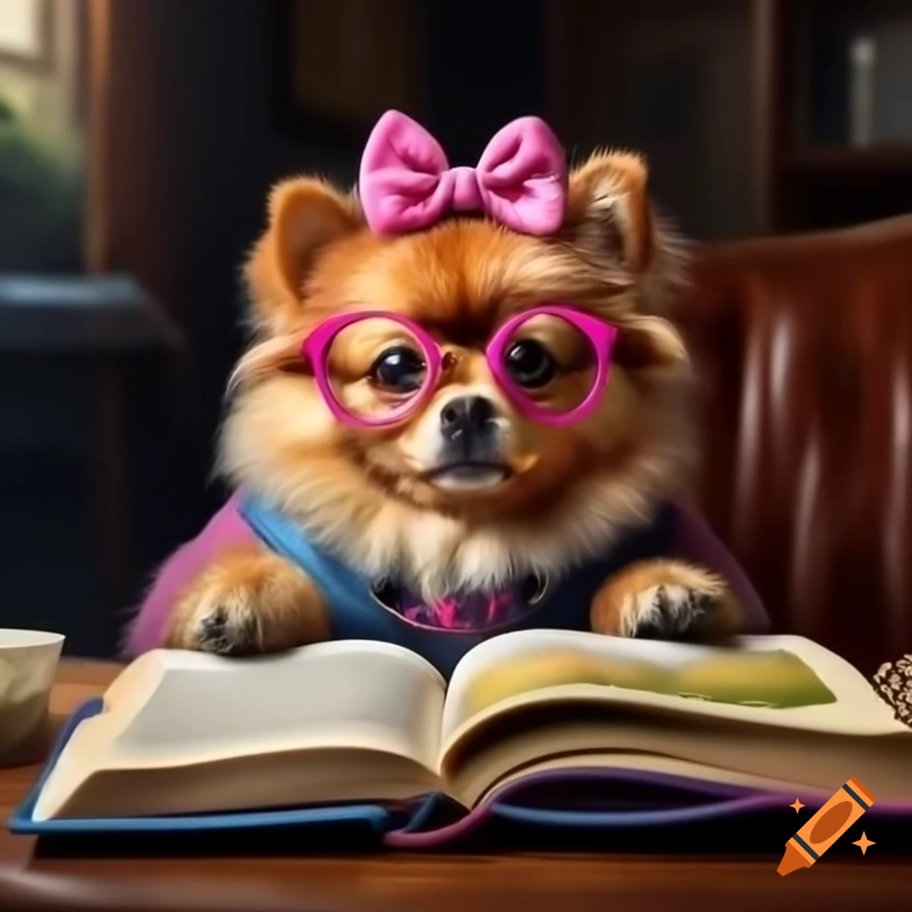 Pomeranian in top hat sitting on highland cow with pink bow glasses reading a book