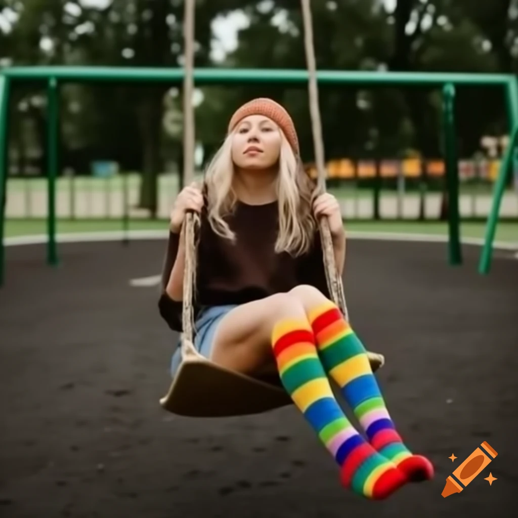 Woman swinging in playground with blonde braids and rainbow socks visible