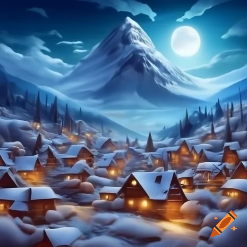 Mountain town covered in powdered sugar under full moon and towering evergreens