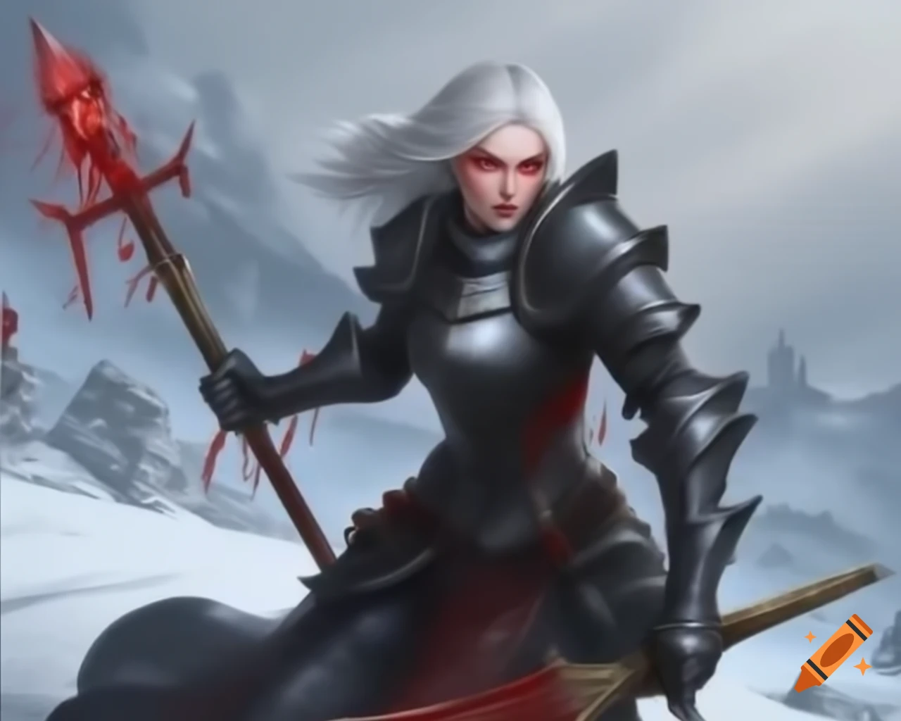 Knight woman with bloody spear in ornate armor walking through snowy landscape