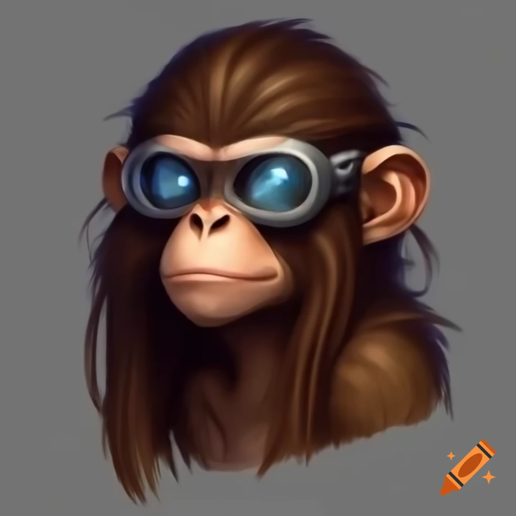 Alien hybrid of monkey and human with long hair and goggles