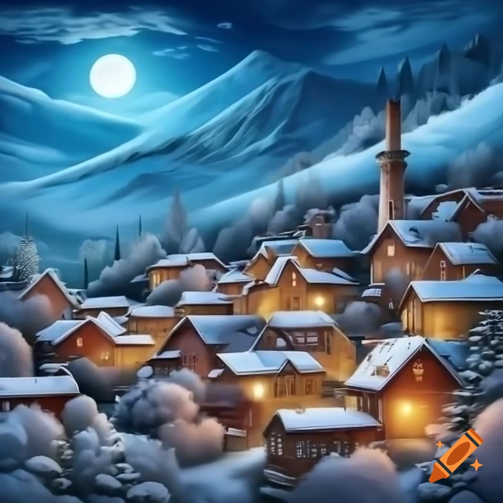 Mountain town covered in powdered sugar under full moon and towering evergreens