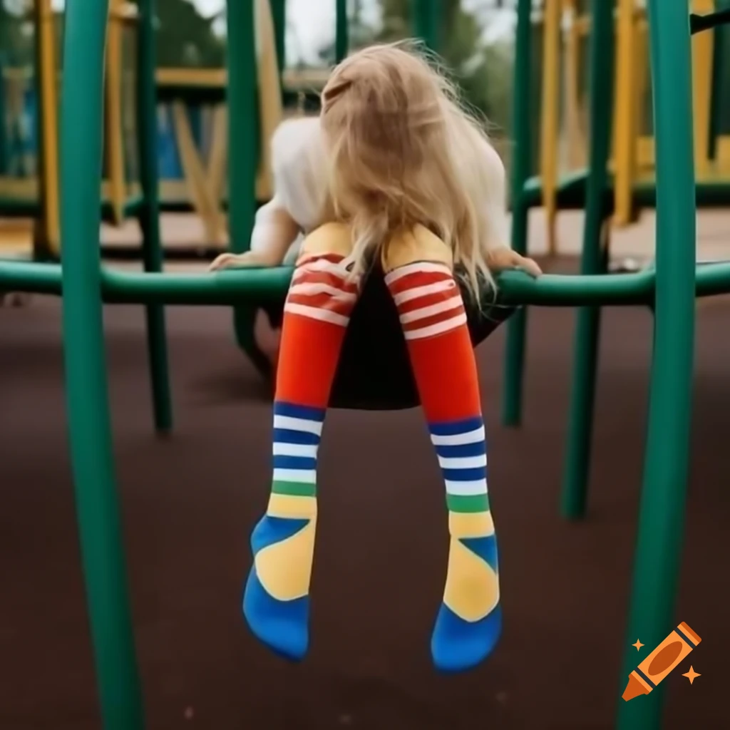 Woman swinging in playground with colorful striped socks