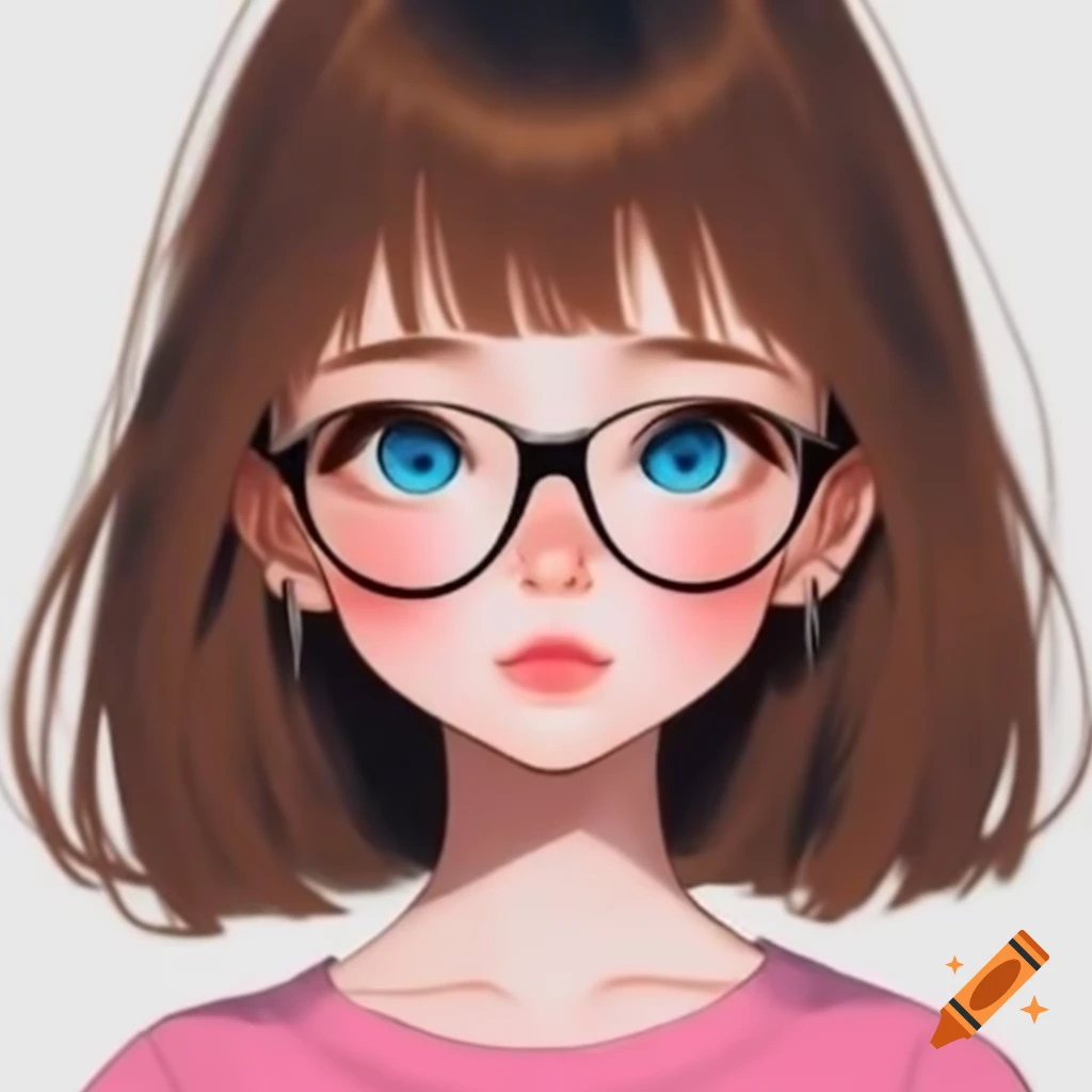 Anime girl with brown hair, glasses, blue eyes, wearing pink Converse and navy blue shirt