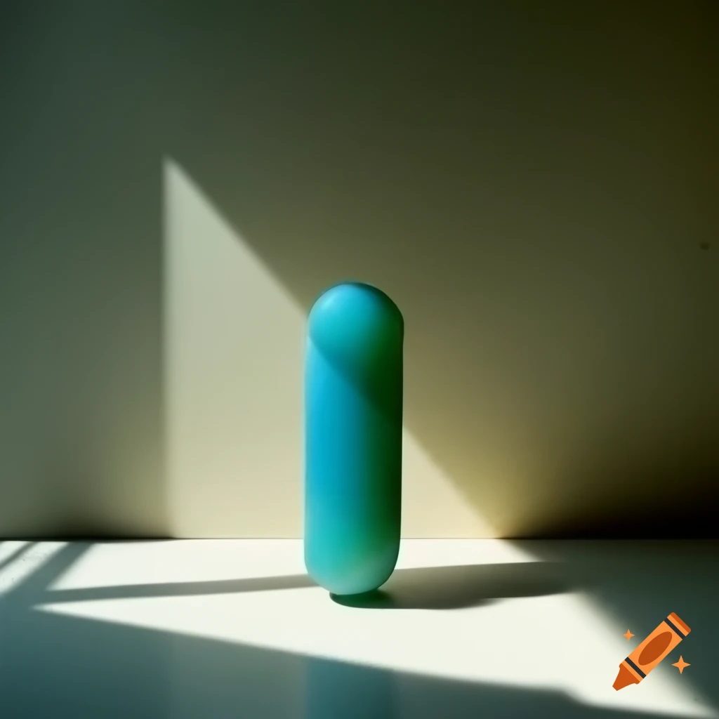 Jade statue of small blue pill illuminated by sunlight in 1985 apartment