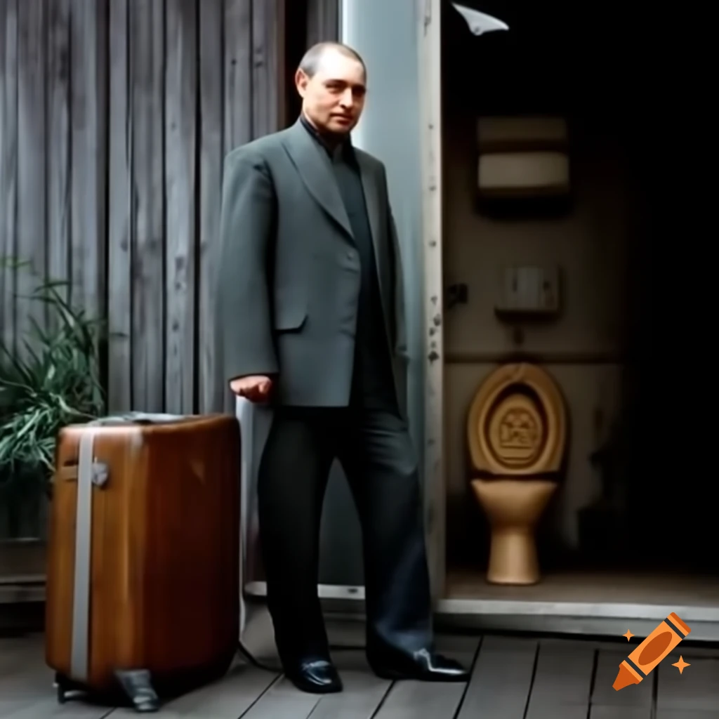 Vladimir Putin standing with suitcase at wooden outdoor toilet