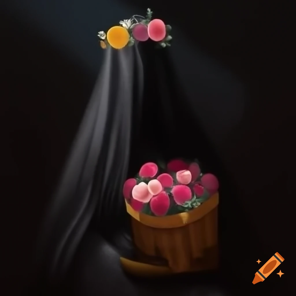 Mysterious shadow with flower crown holding basket of roses