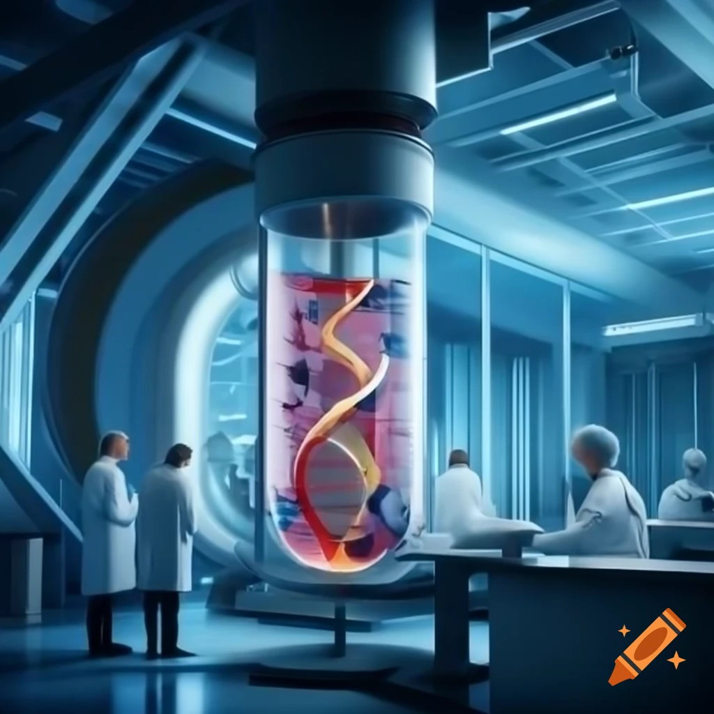 Researchers in futuristic laboratory with test tubes and DNA structures