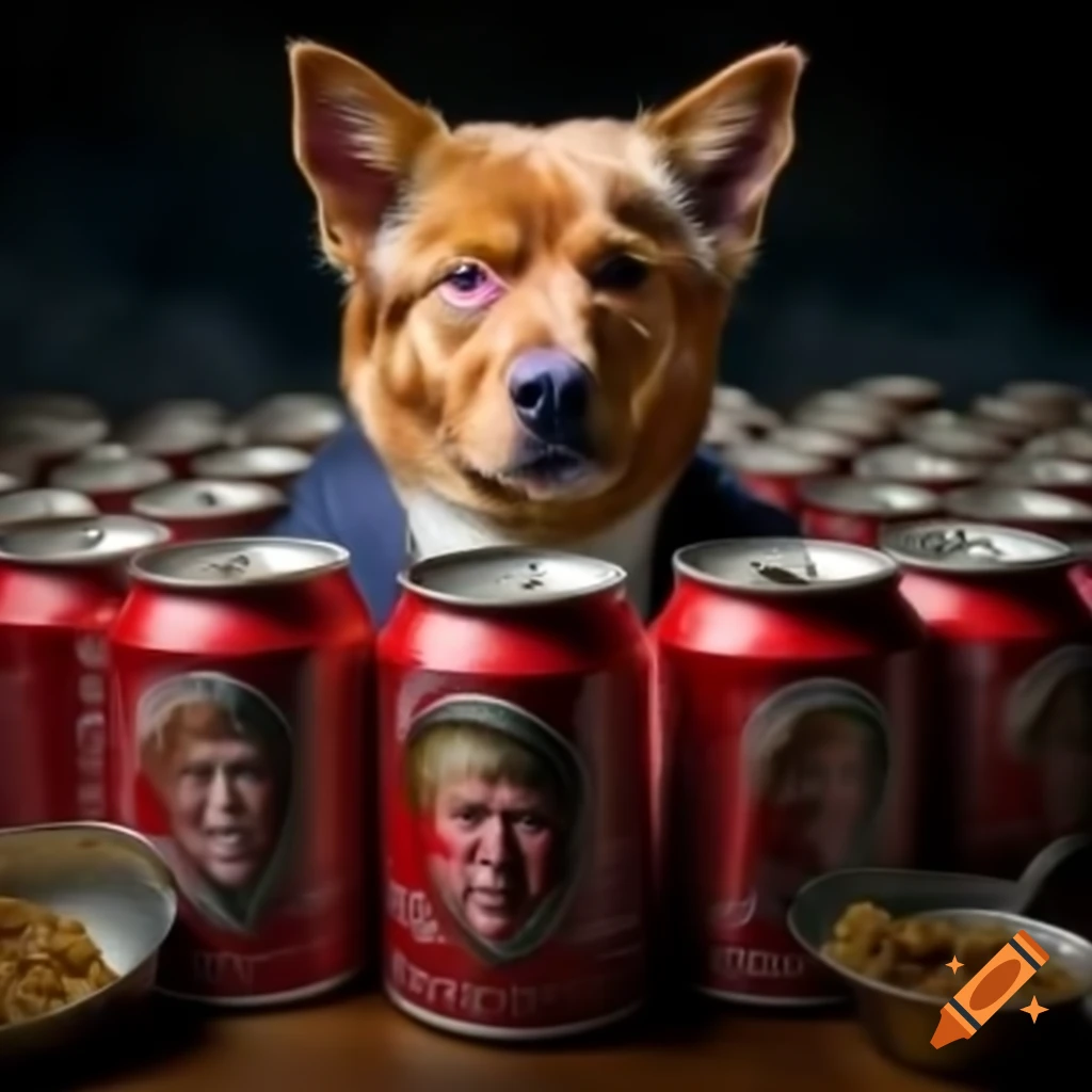 Cans of dog food featuring Donald Trump's face in an advertising scene