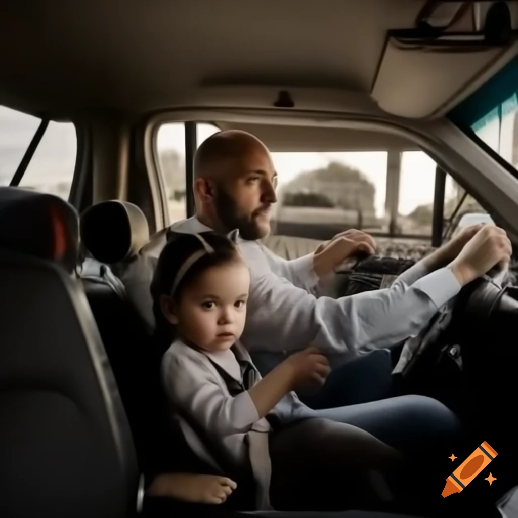 Corporate banker father driving with his young daughter in the car