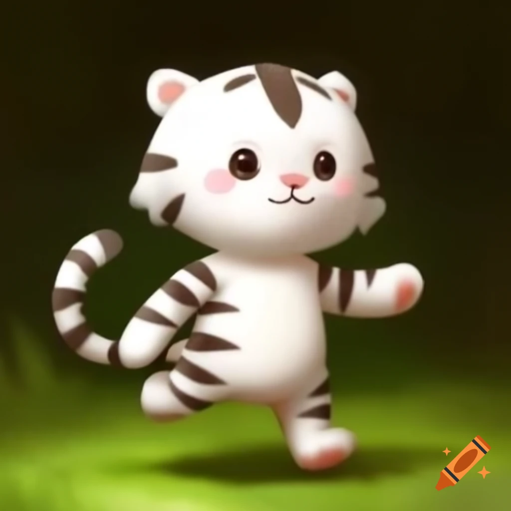 Cute stuffed white tiger standing upright and running sideways