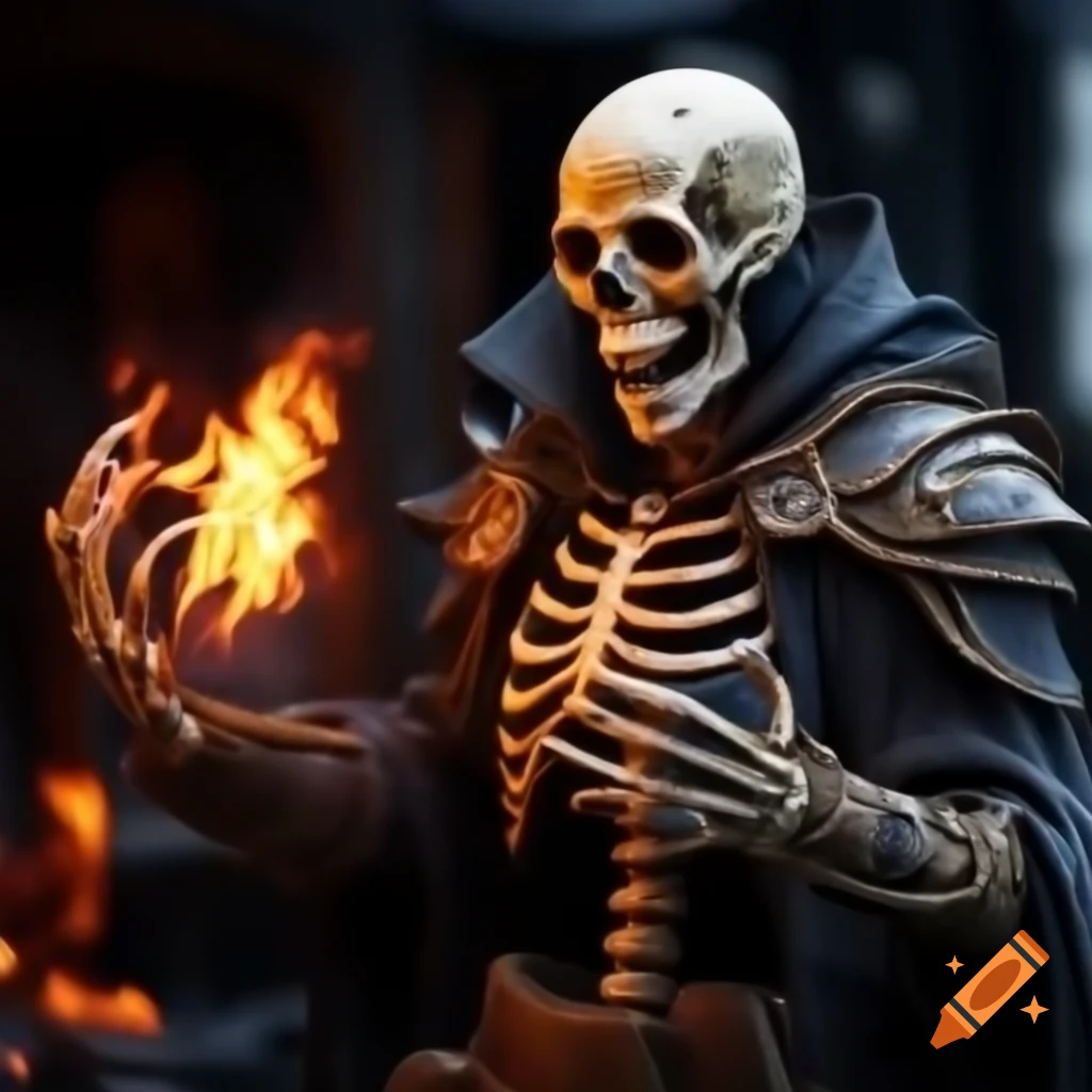 Realistic fire mage skeleton conjuring flames with intense expression
