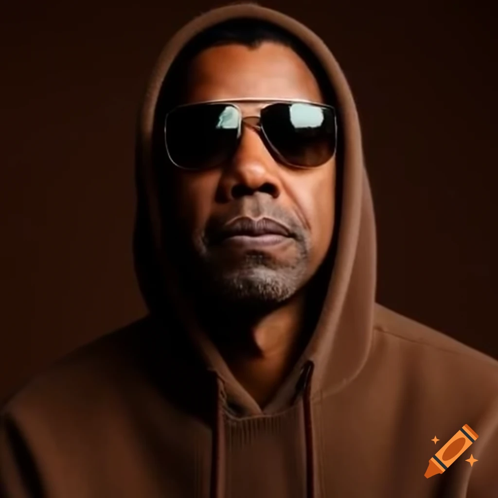 Denzel Washington wearing sunglasses and dark brown hoodie against dark brown background