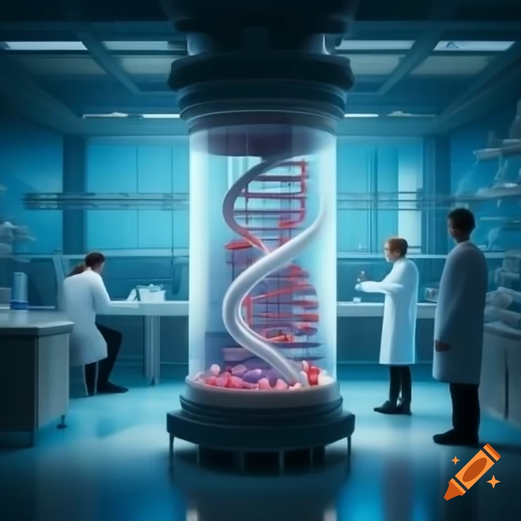 Researchers in futuristic laboratory with test tubes and DNA structures