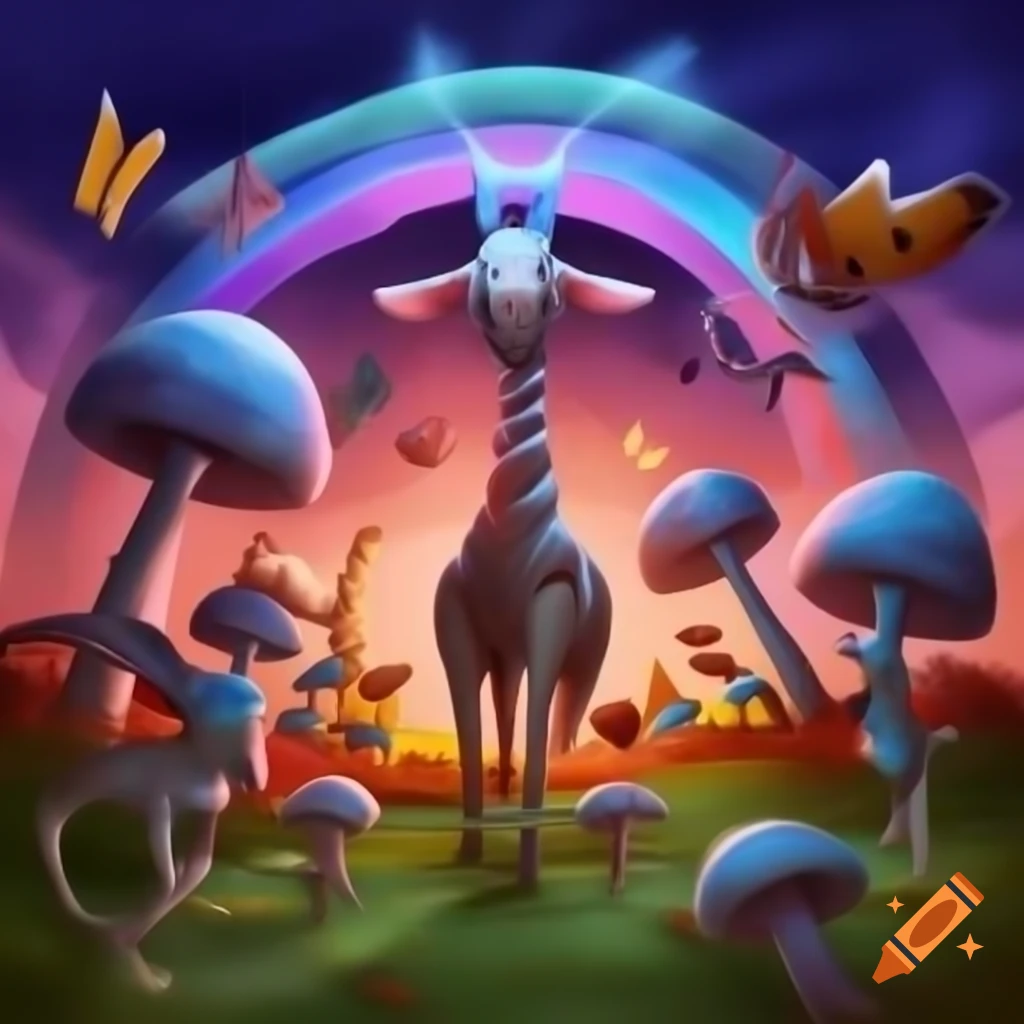 Surreal fantasy scene with animals featuring rainbow-striped zebra and glass-neck giraffe