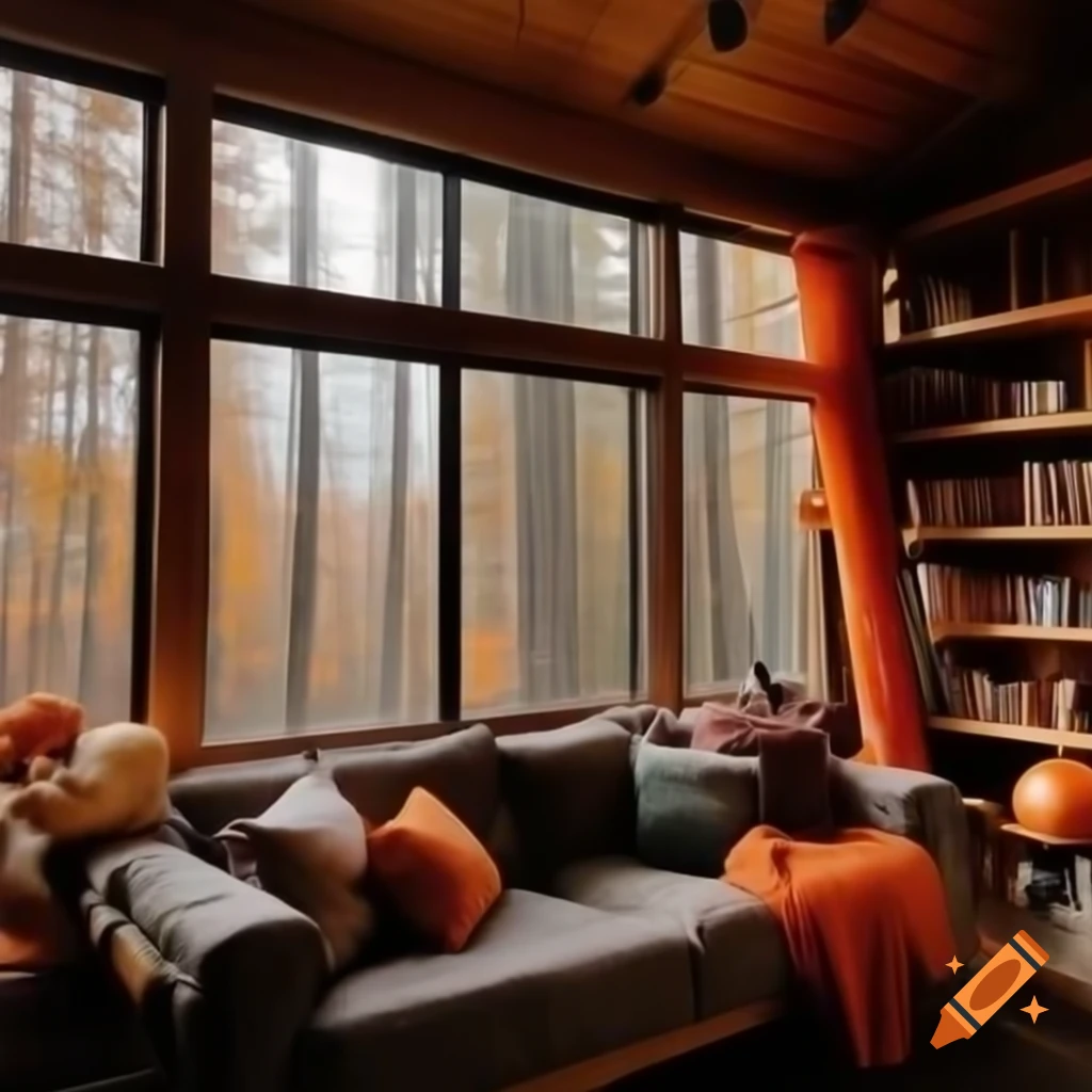 Cozy fall cabin interior with big window overlooking autumn forest, decorated with books and pumpkins